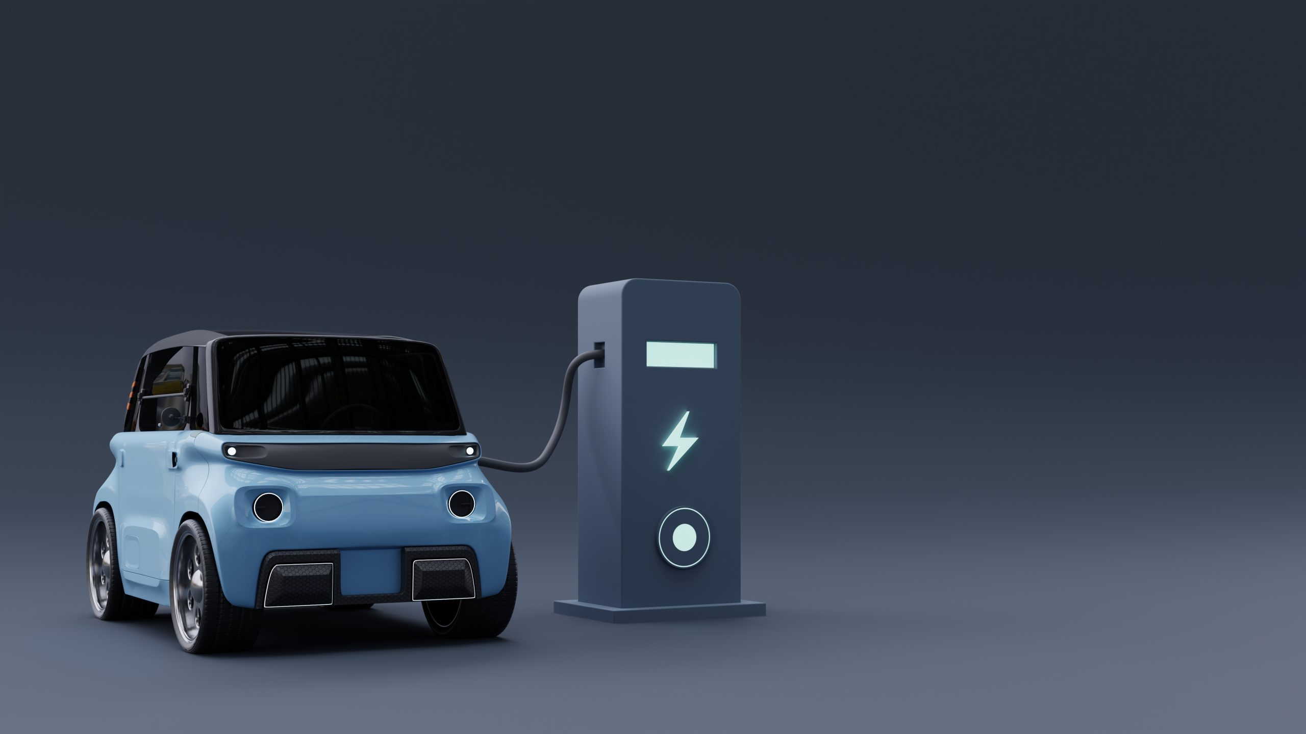 Charging power to electric vehicle EV car,Electric car at charging station.